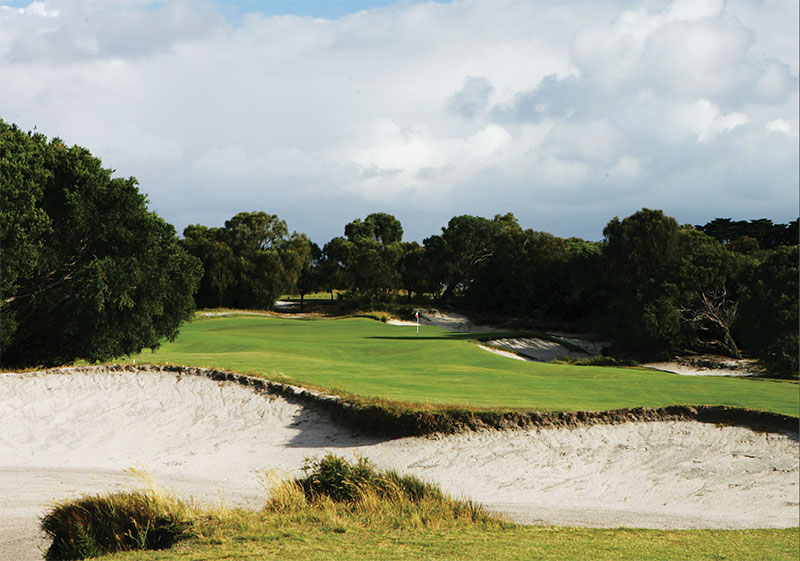 The 401 metre par 5, 17th hole on the West Course at Royal Melbourne Golf Club, which plays as the 9th hole on the tournament Composite Course, in Black Rock, Melbourne, Victoria, Australia.