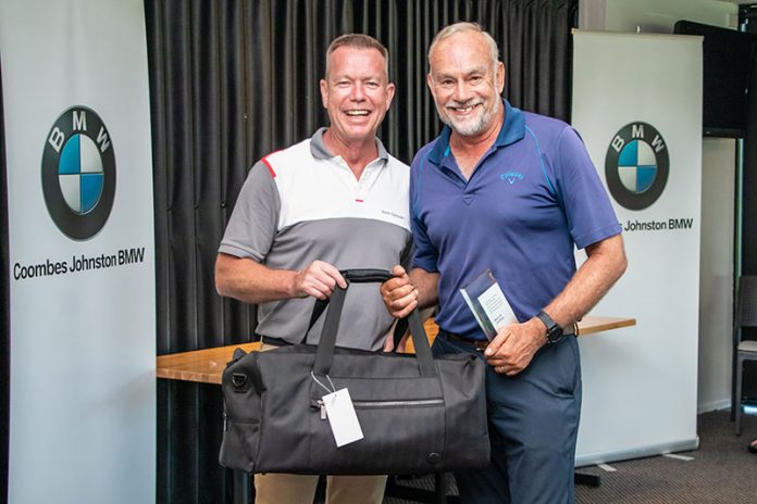 BMW-Golf-Day-Nov-19 Mt Maunganui winner Ed Davies (right) with local BMW dealer principal Kevin Pead. Photo: TeamBarratt Photography.