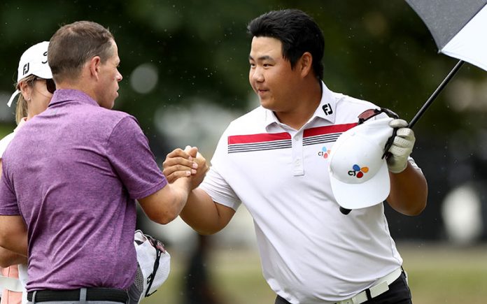 Joohyung-Kim-Nz-Open-Day-1 Joohyung Kim of South Korea celebrates his round during day one of the 2020 New Zealand Golf Open at Millbrook Resort in Queenstown, New Zealand. (Photo by Hannah Peters/Getty Images)
