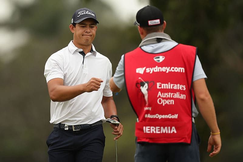 Denzel Ieremia celebrates holing a putt on the 10th green during day two of the 2019 Australian Golf Open at The Australian Golf Club on December 06, 2019 in Sydney, Australia. (Photo by Mark Metcalfe/Getty Images)