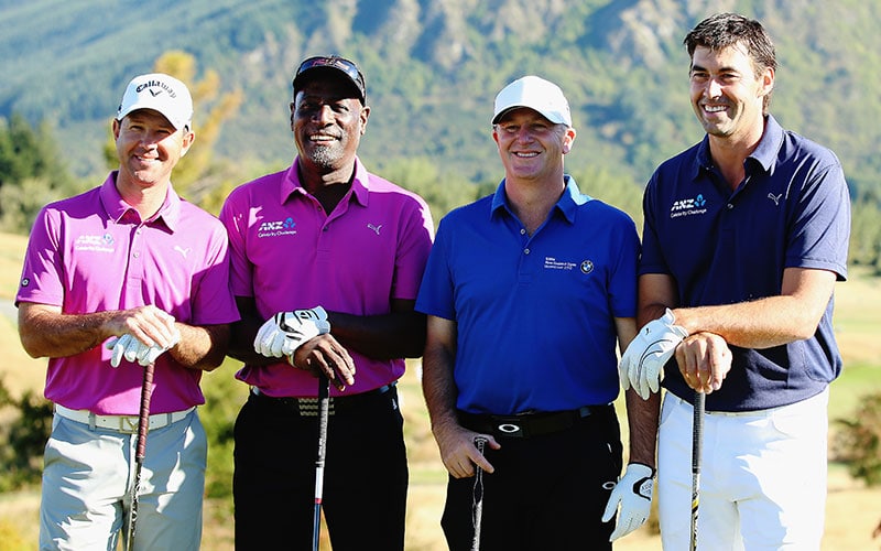 (L-R) Former Australian cricketer Ricky Ponting, former West Indies cricketer Sir Viv Richards, New Zealand Prime Minister John Key and Stephen Fleming pose for a photo during day four of the New Zealand Open at The Hills Golf Club on March 15, 2015 in Queenstown, New Zealand. (Photo by Hannah Peters/Getty Images)